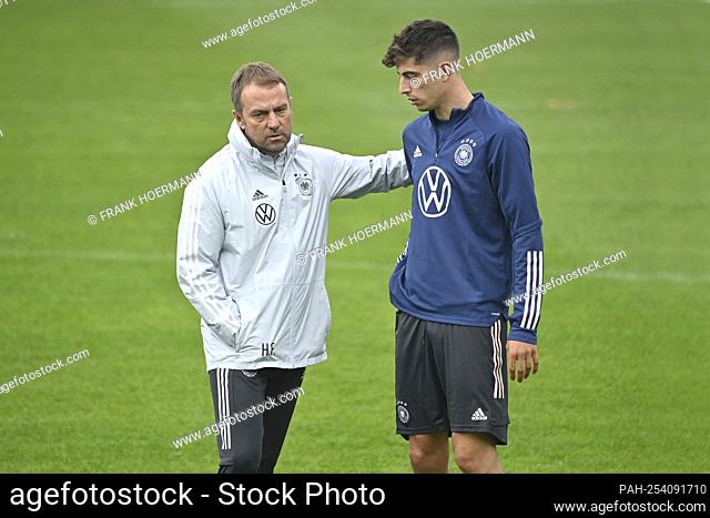 Federal coach Hans Dieter Hansi FLICK (GER) with Kai HAVERTZ (GER). National football team training, World Cup qualification, on August 31, 2021 in Stuttgart
