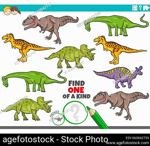 Cartoon illustration of find one of a kind picture educational task with dinosaurs prehistoric animal characters