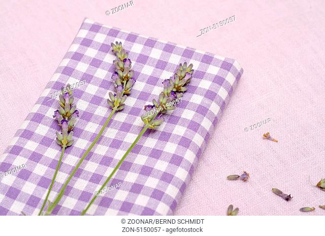 Lavendelblüten auf einem lila Tuch mit Karos