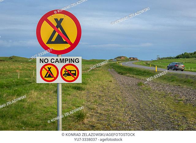 No camping sign in southeast part of Iceland