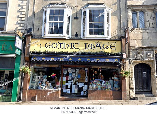 Gothic Image shop in a row of houses in the inner city of Glastonbury, Mendip, Somerset, England, Great Britain, Europe