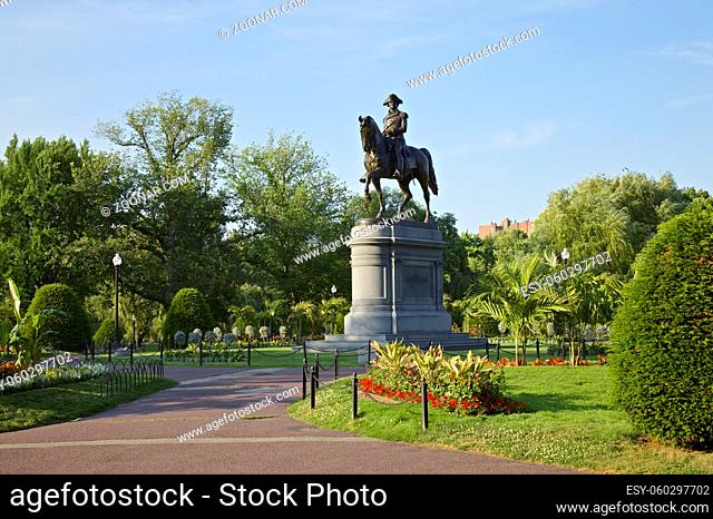 George Washington riding a horse Statue in Boston Public Garden in Central Boston, Massachusetts, USA