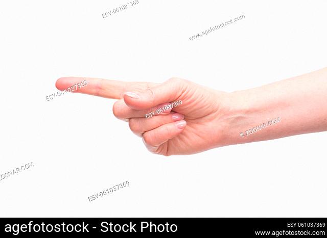 Old woman#39;s point finger represented over white background. Woman showing right direction with point fonger