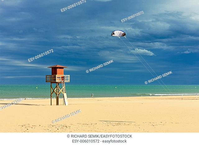 lifeguard cabin on the beach in Narbonne Plage, Languedoc-Roussillon, France