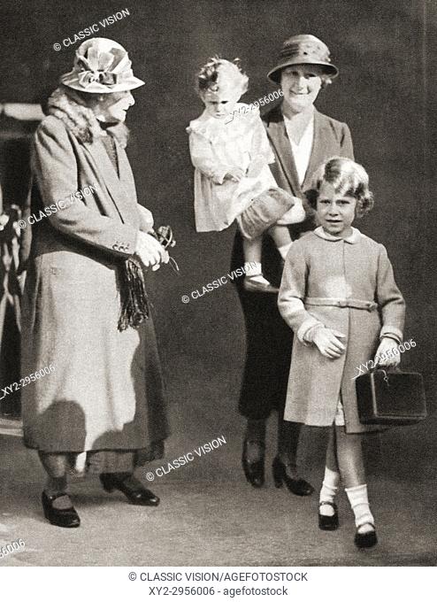 Princess Elizabeth of York and her sister Princess Margaret Rose with their nannies, left, Clara Knight, known as 'Allah' and right Margaret ""Bobo"" Macdonald...