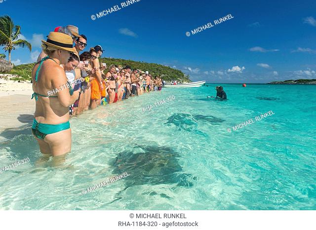 Tourists standing on a white sand beach with rays swimming in the turquoise waters, Exumas, Bahamas, West Indies, Caribbean, Central America