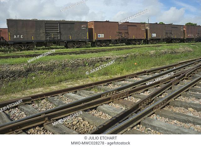 Disused railway coaches, engines and stock in the former Artigas Central rail station in Montevideo, Uruguay, South America