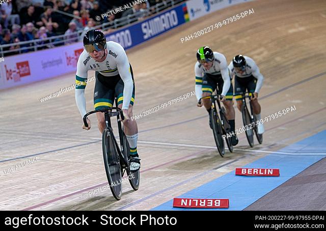 26 February 2020, Berlin: Cycling/track: World Championship, team sprint men, final: The team from Australia, Thomas Cornish (l-r)