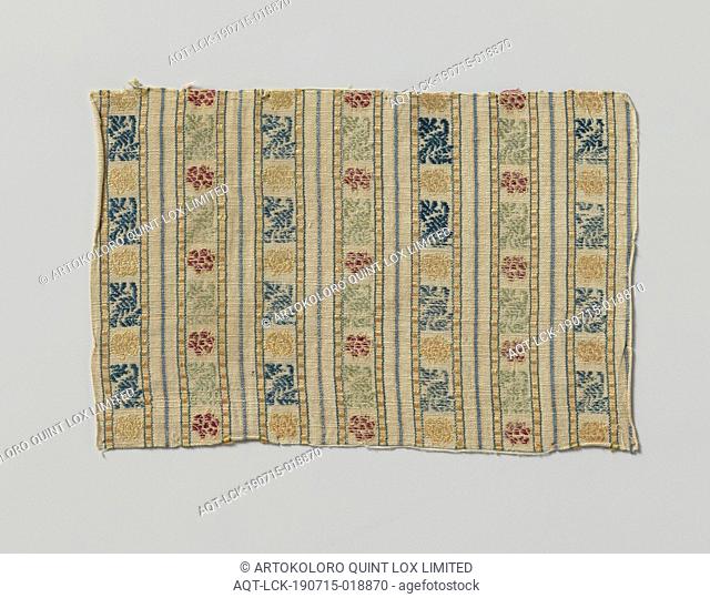 Fragment of oriental textiles, mexicaine, Stripes with light salmon-colored rosettes between blue flower branches, or red rosettes between light-green branches...