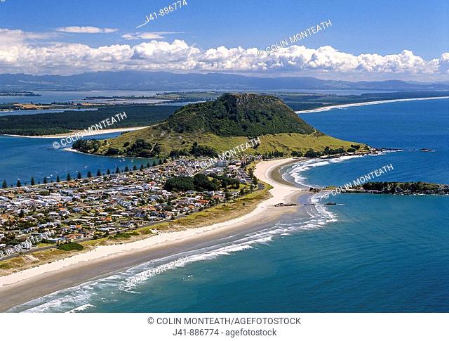 Mount Maunganui and Ocean Beach aerial view from above Papamoa looking north towards Matakana Island New Zealand