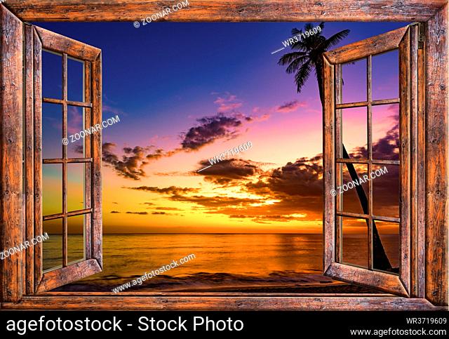view from an open window with a curtain Caribbean sea Dominican Republic evening beautiful sunset