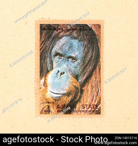 UNITED ARAB EMIRATES - CIRCA 1980: A stamp printed in the UAE shows a orangutan, circa 1980