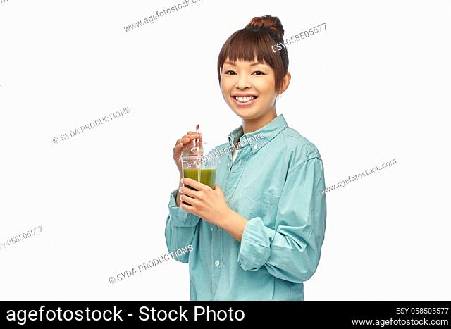 happy smiling asian woman with can drink