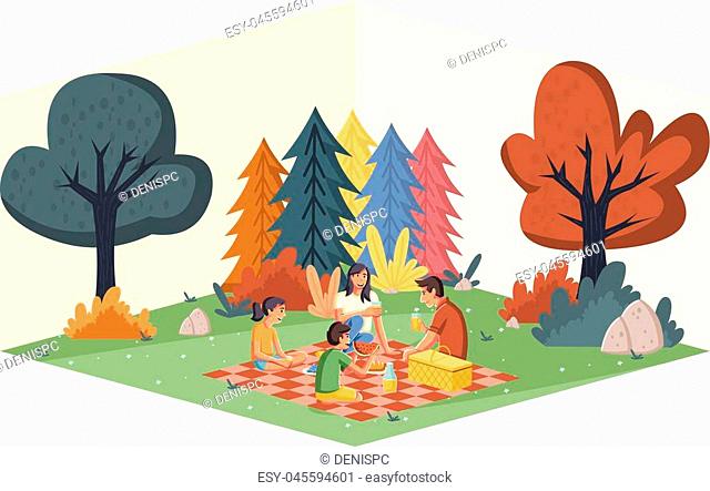 Cartoon family having picnic in the park on a sunny day. Nature background,  Stock Vector, Vector And Low Budget Royalty Free Image. Pic. ESY-045594601  | agefotostock