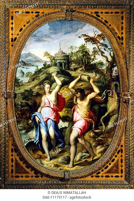 Panel depicting Deucalion and Pyrrha, by Andrea Del Minga (ca 1540-1596). Studiolo (small study) of Francesco I, Palazzo Vecchio, Florence