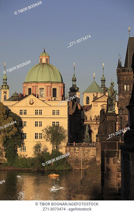 Czech Republic, Prague, St Francis of Assisi and St Salvator churches, Charles Bridge Tower, Vltava river,