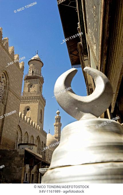 Minaret of Medrasa Coranic School of Sultan Bu Nassir, and Minaret of Mohammed Ibn Qalawun Mosque, Khan El Khalili, Cairo, Egypt, North Africa, Africa