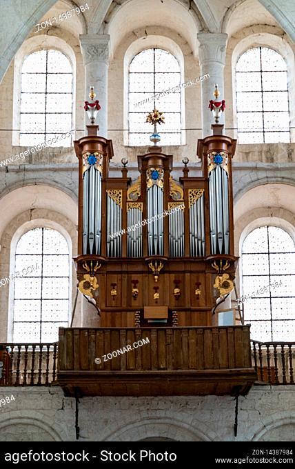 Saint-Martin-de-Boscherville, Seine-Maritime / France - 13 August 2019: interior view of the Abbey of Saint-Georges church in Boscherville with the organ