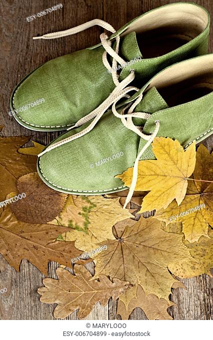 pair of green leather boots and yellow leaves on an old wooden floor
