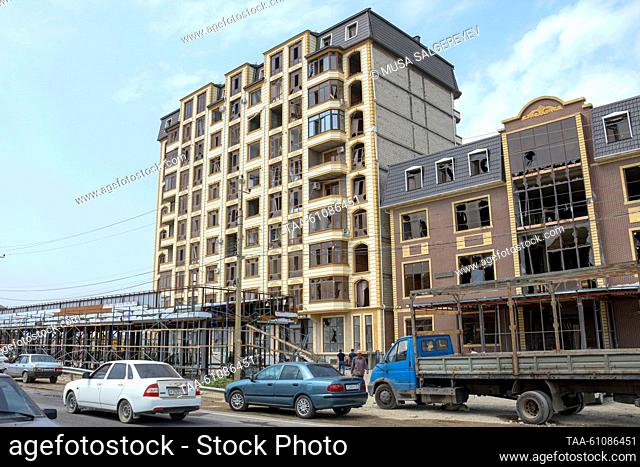 RUSSIA, MAKHACHKALA - AUGUST 15, 2023: Buildings stand with windows smashed near the scene of last night's explosion opposite a petrol station on the outskirts...