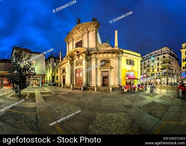MILAN, ITALY - JANUARY 13, 2015: Saint George Church (Chiesa San Giorgio al Palazzo) and Torino Street in Milan. The church was founded around 750 by archbishop...