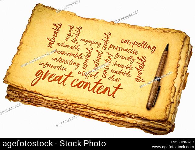 great content word cloud - handwriting on a handmade paper, media and communication concept