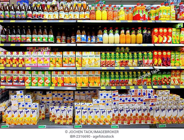 Shelves with juice in bottles and in Tetra Paks, self-service, food department, supermarket, Germany, Europe