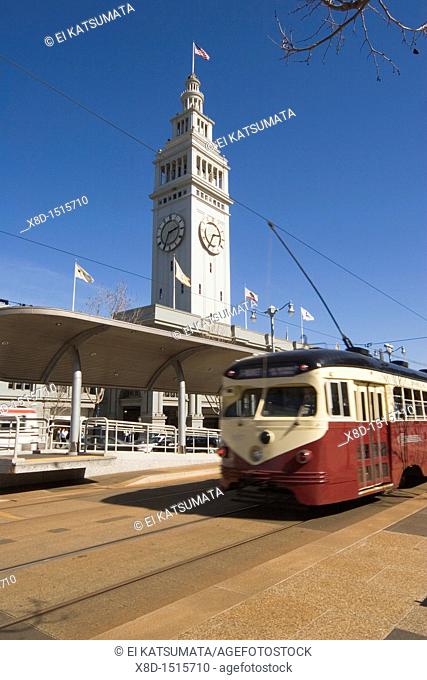 Historic trolley and Ferry Building along the Embarcadero on San Francisco's waterfront