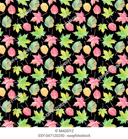 Bright Fall leaves, seamless pattern. Vector illustration and autumn background in Watercolor style