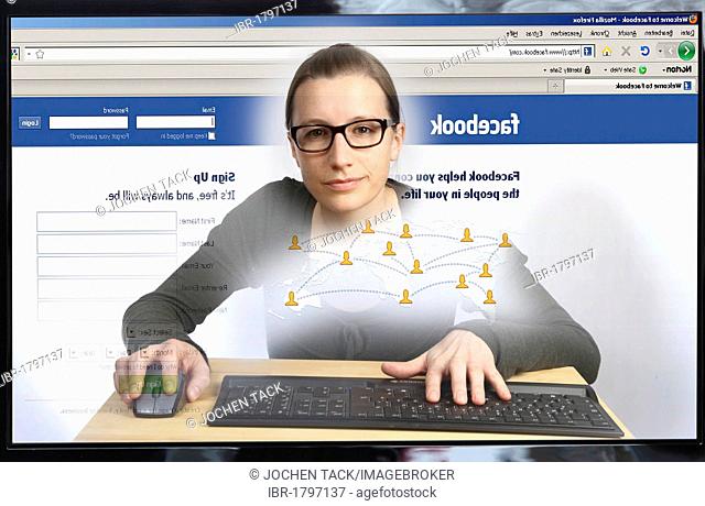 Young woman sitting at a computer surfing the Internet, viewing a page of Facebook, a social networking site, view from within the computer, symbolic image
