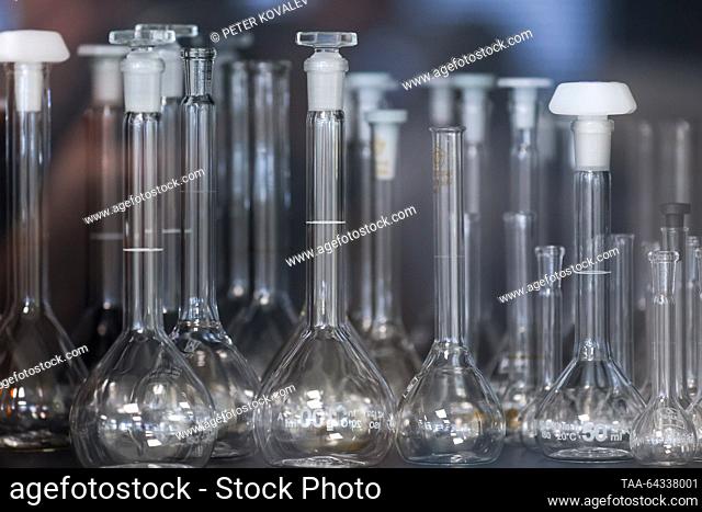 RUSSIA, ST PETERSBURG - NOVEMBER 3, 2023: Lab flasks are pictured at a recombinant DNA (rDNA) medication shop at St Petersburg Research Institute of Vaccines...