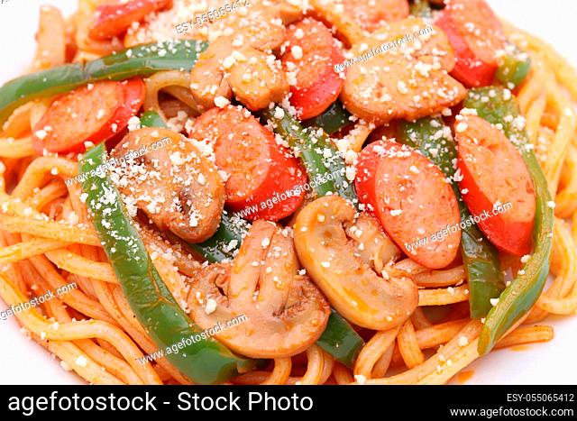 Close up of Japanese Naporitan spaghetti with tomato sauce