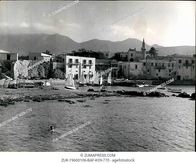 1962 - Can real trouble be averted in Cyprus?: A view looking ashore to one part of Heosia, showing the Turkish mosque near one of the little coves which are...