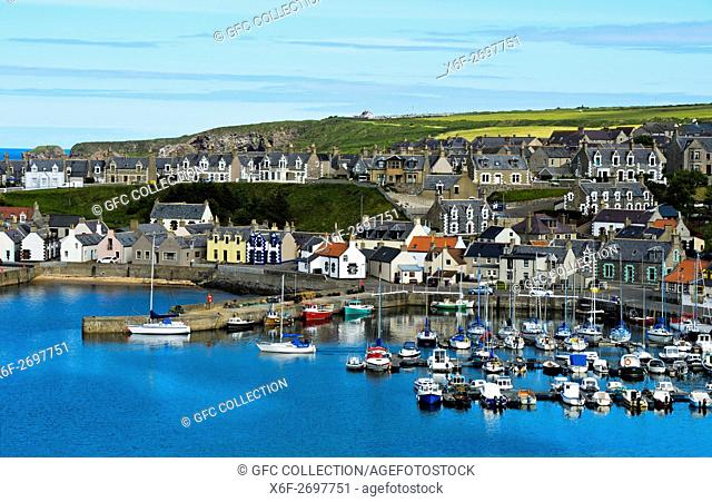 Findochty Harbour with town behind at the Moray Firth, Scotland, Great Britain