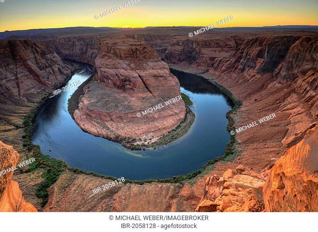 Horseshoe Bend or King Bend, a meandering bend of the Colorado River, at sunset, Page, Glen Canyon National Recreation Area, Arizona, United States of America
