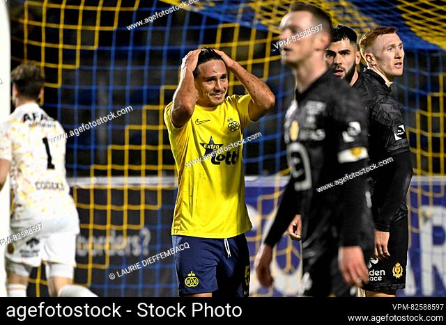 Union's Kevin Mac Allister reacts during a soccer match between Royale Union Saint-Gilloise and KV Mechelen, Sunday 17 December 2023 in Brussels