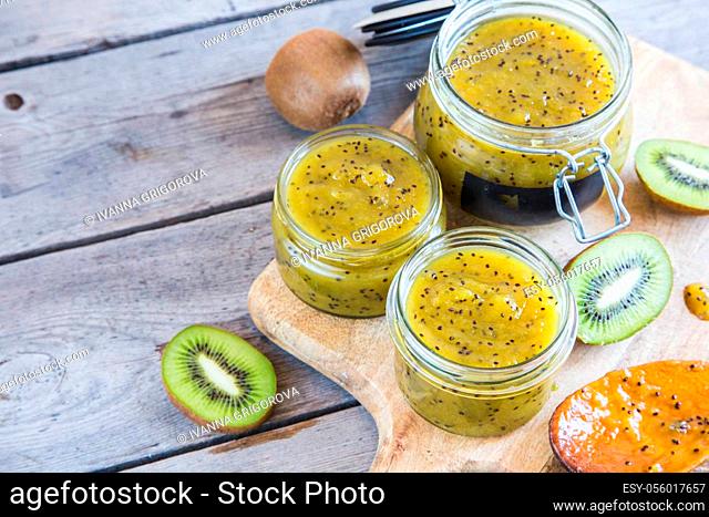 homemade kiwi jam. fruit jam or confiture from kiwi and oranges