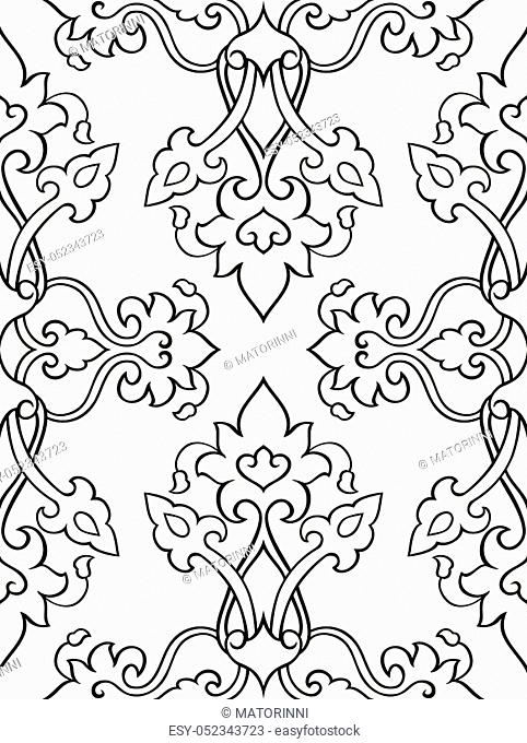 Oriental abstract ornament. Template for carpet, wallpaper, textile and any surface. Seamless vector pattern of black contour on a white background