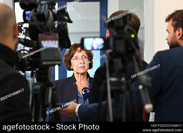 Czech Ambassador in Tel Aviv Veronika Kuchynova Smigolova speaks during the press briefing of Czech Foreign Affairs Minister Jan Lipavsky before leaving for...