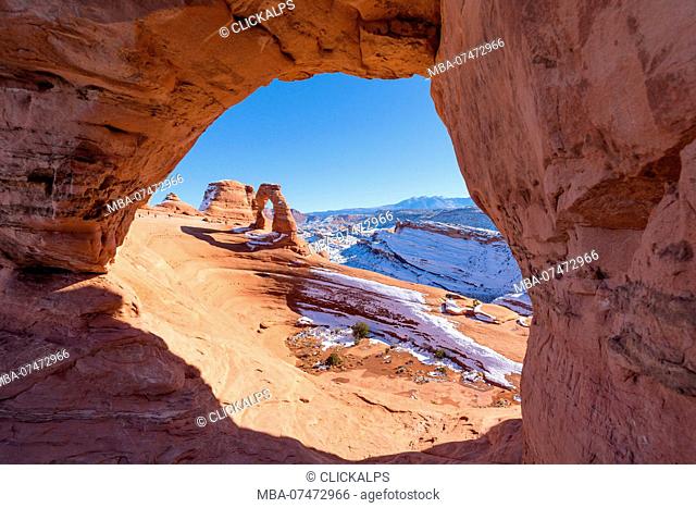 Delicate Arch seen through Frame Arch, Arches National Park, Moab, Utah, USA