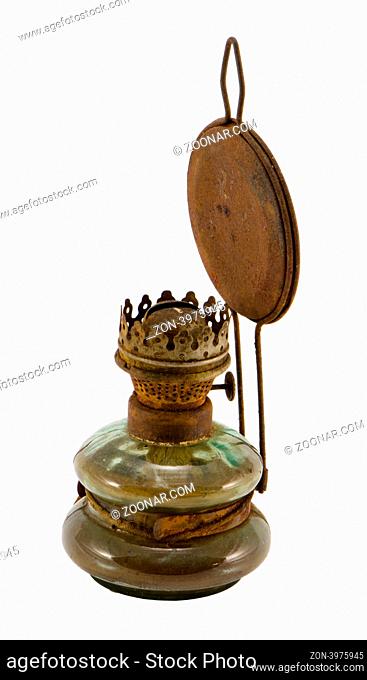Rusty retro kerosene lamp isolated on white background