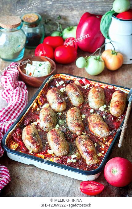 Sausages baked with vegetables and tomato sauce