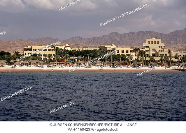 View of a holiday resort in Jordan at Tala Bay Beach near Aqaba at the Red Sea. To the largest resort on the Jordanian coast belong several hotels (among others...