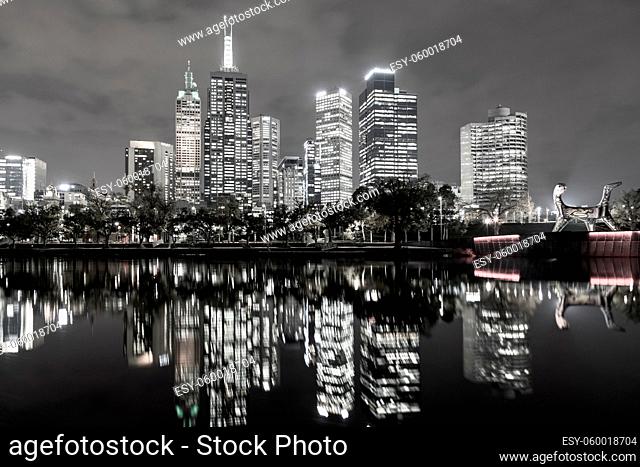Melbourne, Australia - April 24, 2015: Skyline view over the Yarra River in black and white