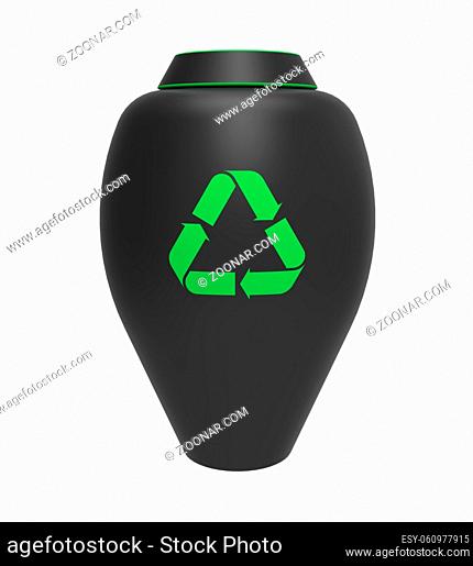 Cremation urn with recycling symbol, 3d render, isolated on white