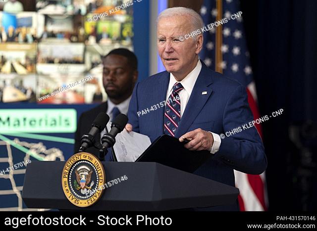 United States President Joe Biden answers a reporter’s question while departing after speaking at an event highlighting how Bidenomics and his agenda are...
