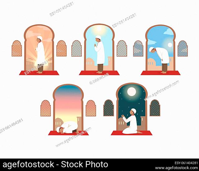 Islam, prayer, celebration, religion set concept. Collection of young religious man muslim arabic cartoon character praying day and night at home or in mosque