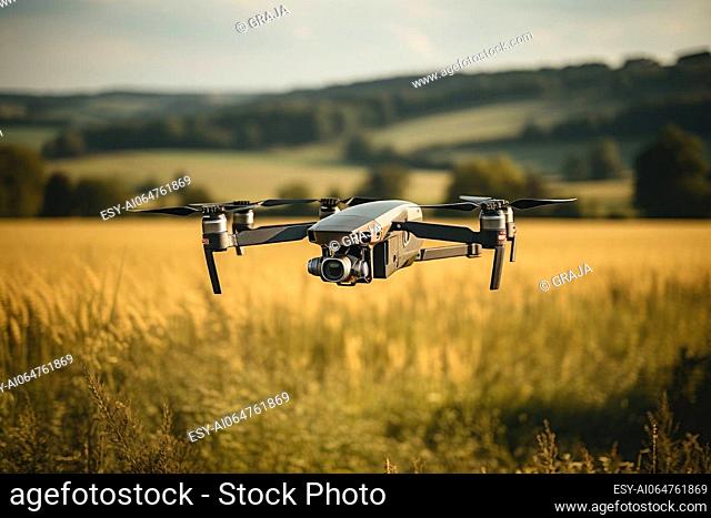 Flying drone above the farmland field. Using drone in agricultural industry. AI generated