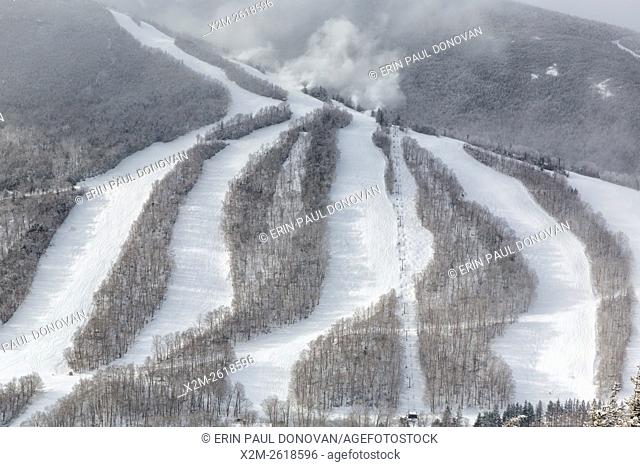 Snow making at Cannon Mountain in Franconia Notch State Park of the New Hampshire White Mountains from Eagle Cliff during the winter months