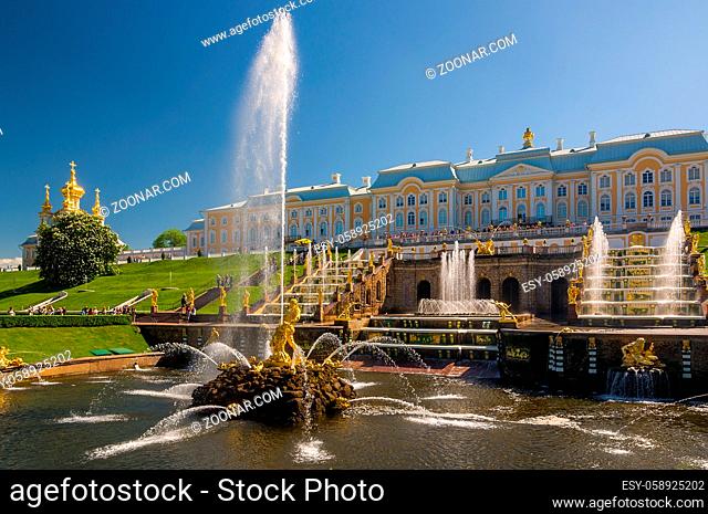 PETERHOF, RUSSIA - MAY 26, 2015: Grand Peterhof Palace, the Grand Cascade and Samson Fountain. Peterhof Palace included in the UNESCO World Heritage List